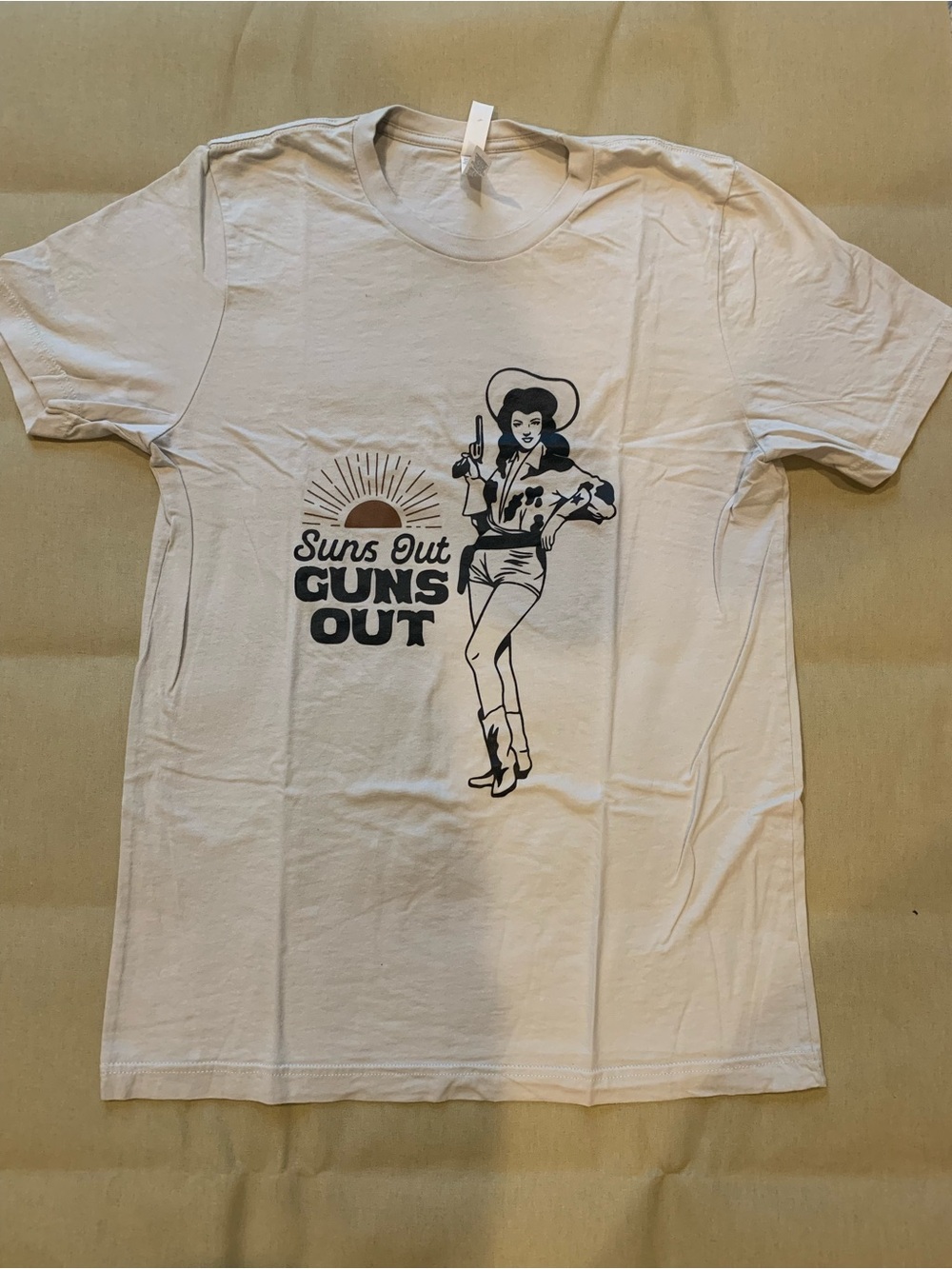 Suns Out Guns Out White/tan Graphic Tee.